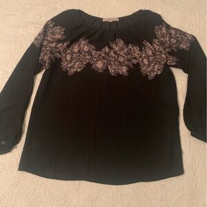 LOFT Black Blouse with Tan Floral Accents